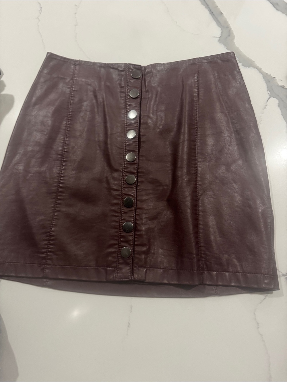 Free People Burgundy Faux Leather Mini Skirt with Snap Front